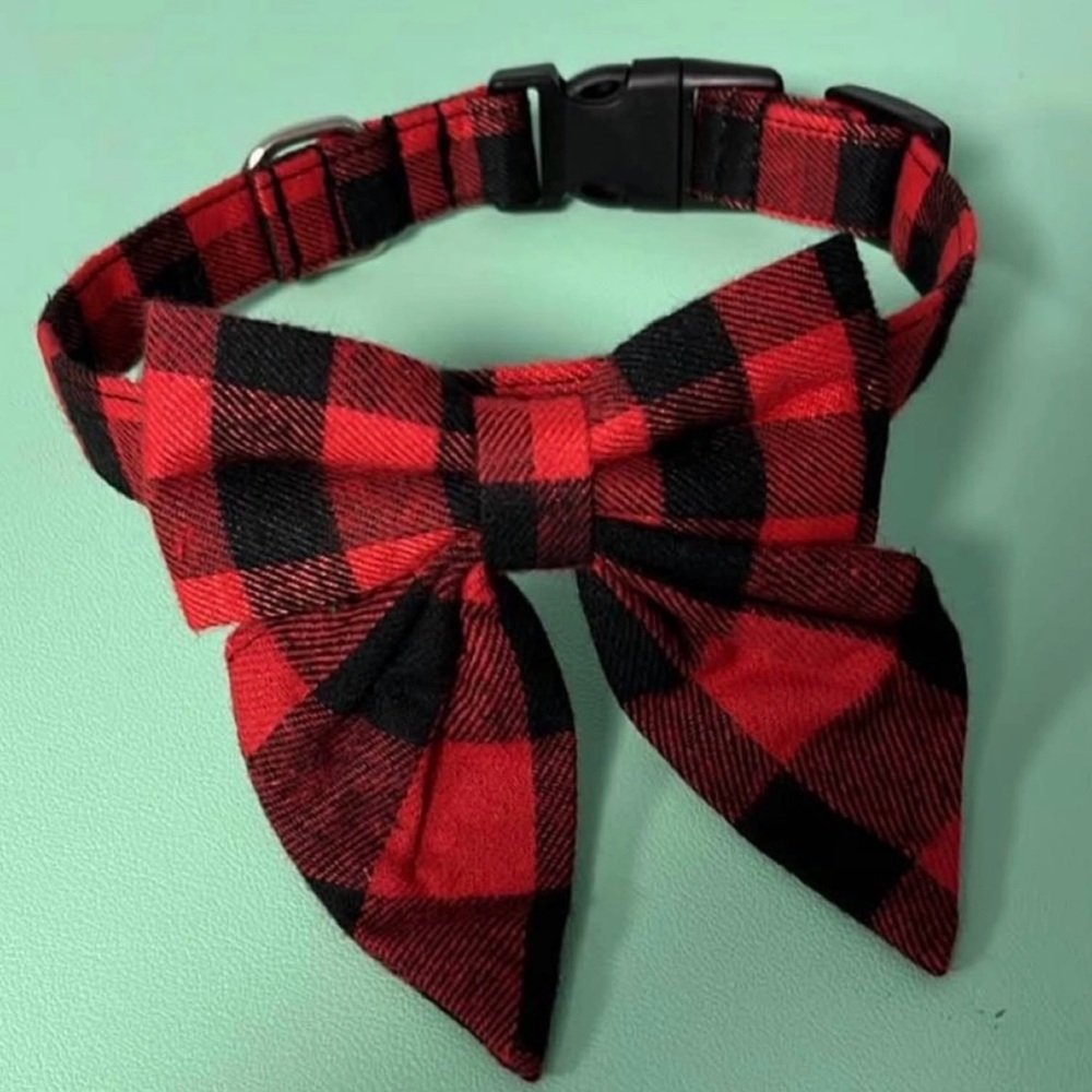 Adjustable Red Plaid Dog Collar with Bow Size Small, Small Dog Collar, New